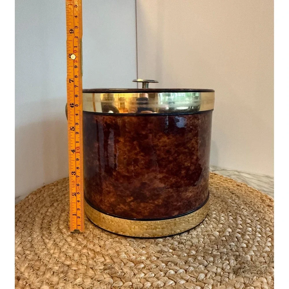Vintage MCM faux tortoise vinyl ice bucket with‎ gold trim